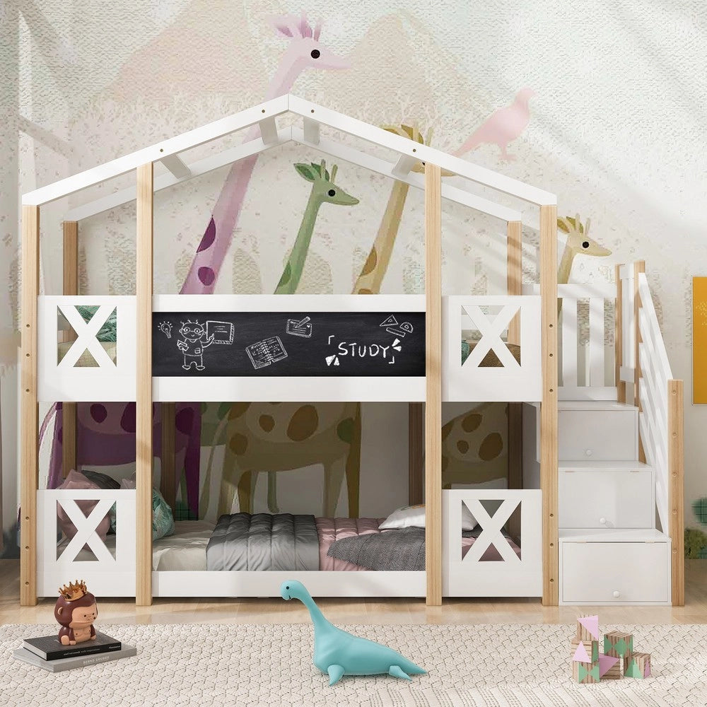 Letto a Castello 90x200 Casetta con Scala e Contenitore ¨C MINIMAL ¨C Legno Bianco