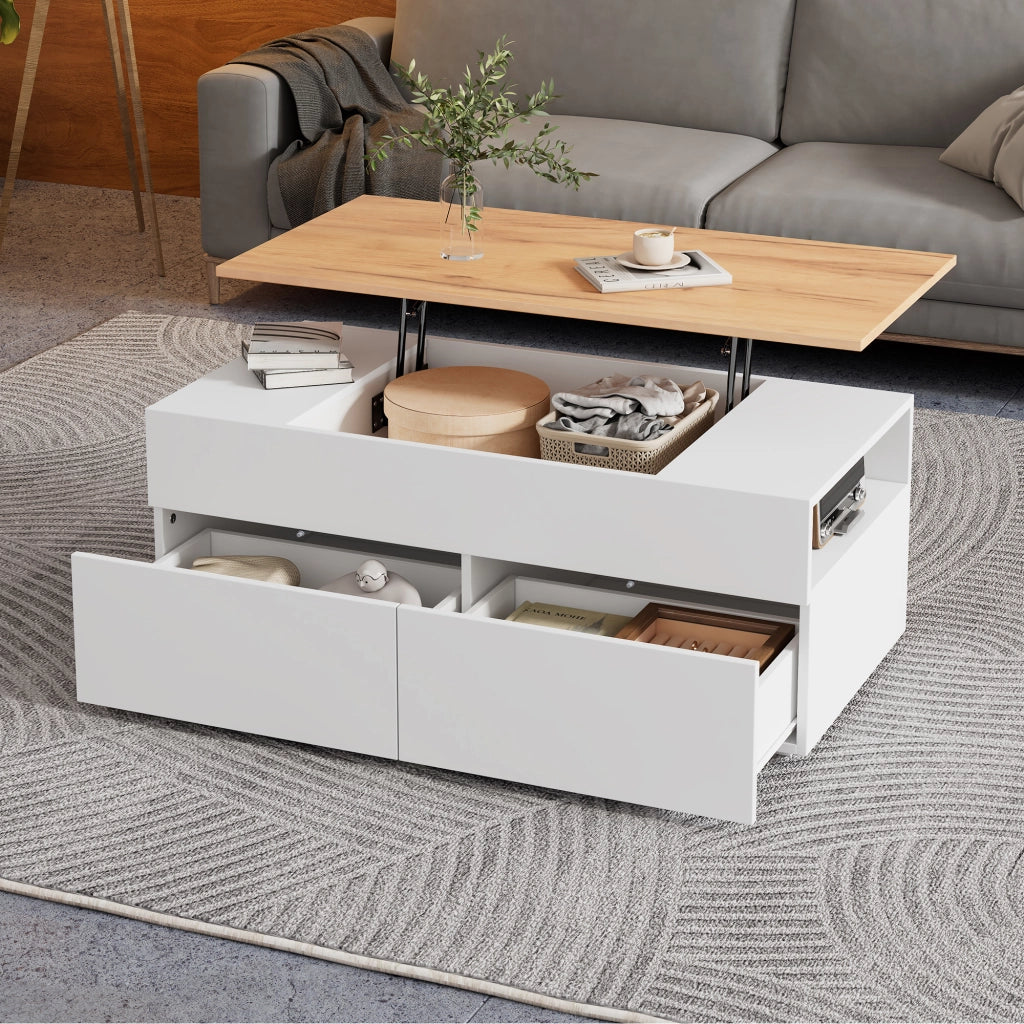 OKWISH Tavolino da Caffè Alzabile con 2 Cassetti e Vani Semiaperti, per Soggiorno, in Pannello di Particelle, Bianco, 100×50×40 cm