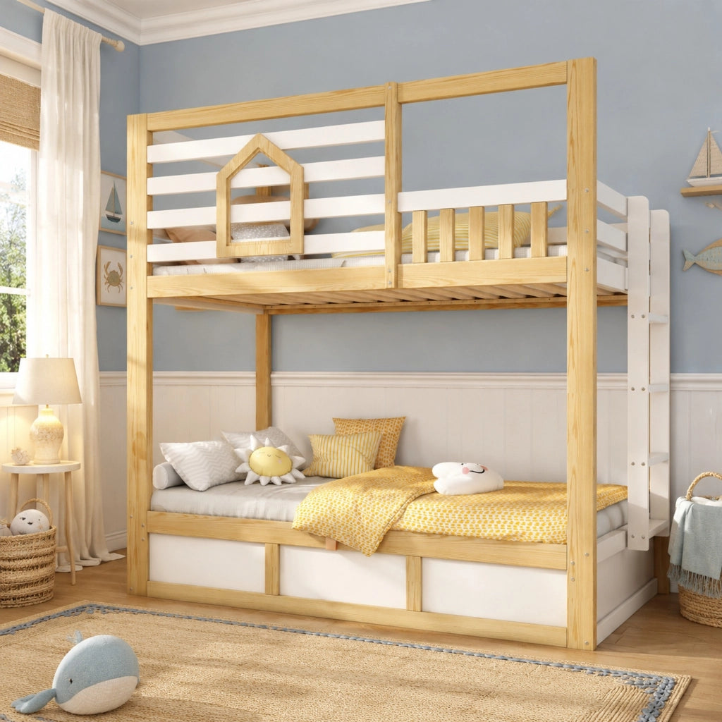 Letto a castello per bambini 90x200 cm in legno; stile casetta; bianco e rovere con scala dritta e contenitore
