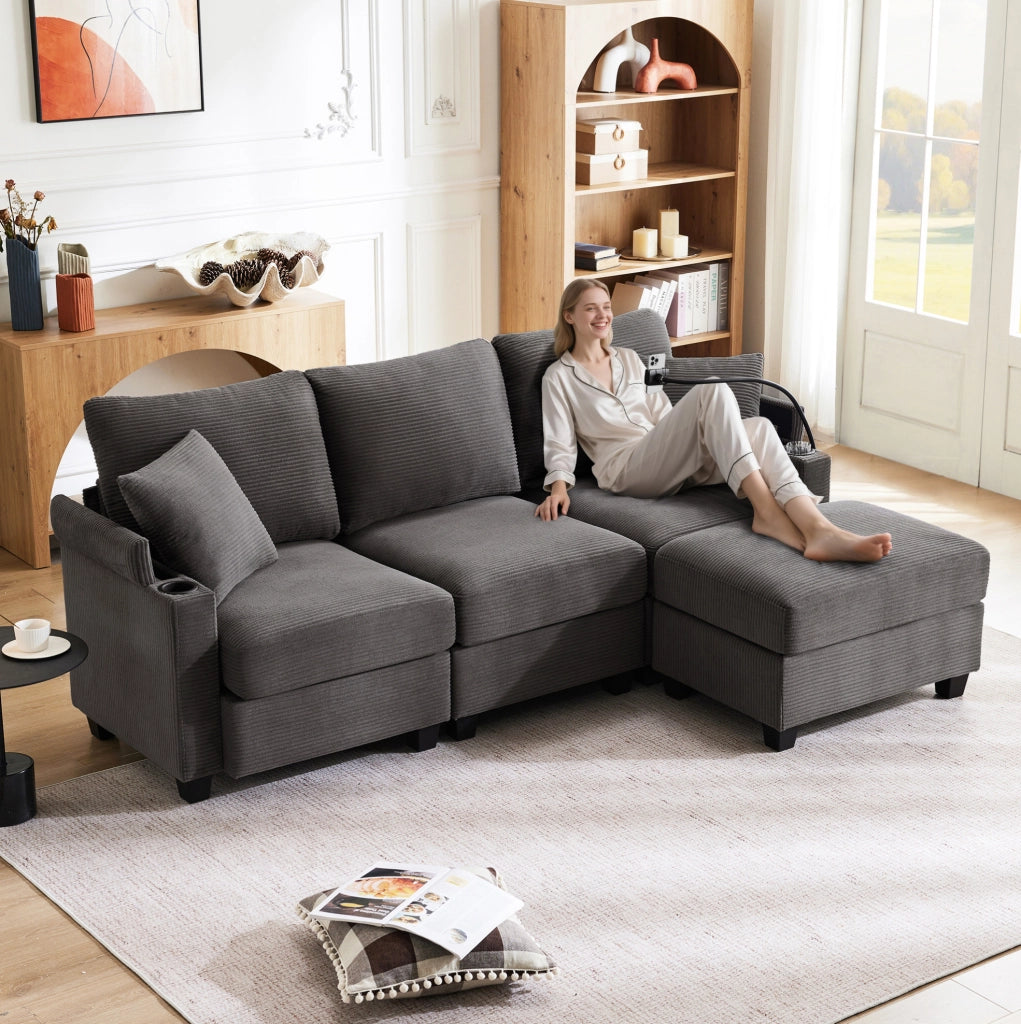 Divano angolare L 213.5x139x87 cm con USB; portaoggetti in corduroy dark gray
