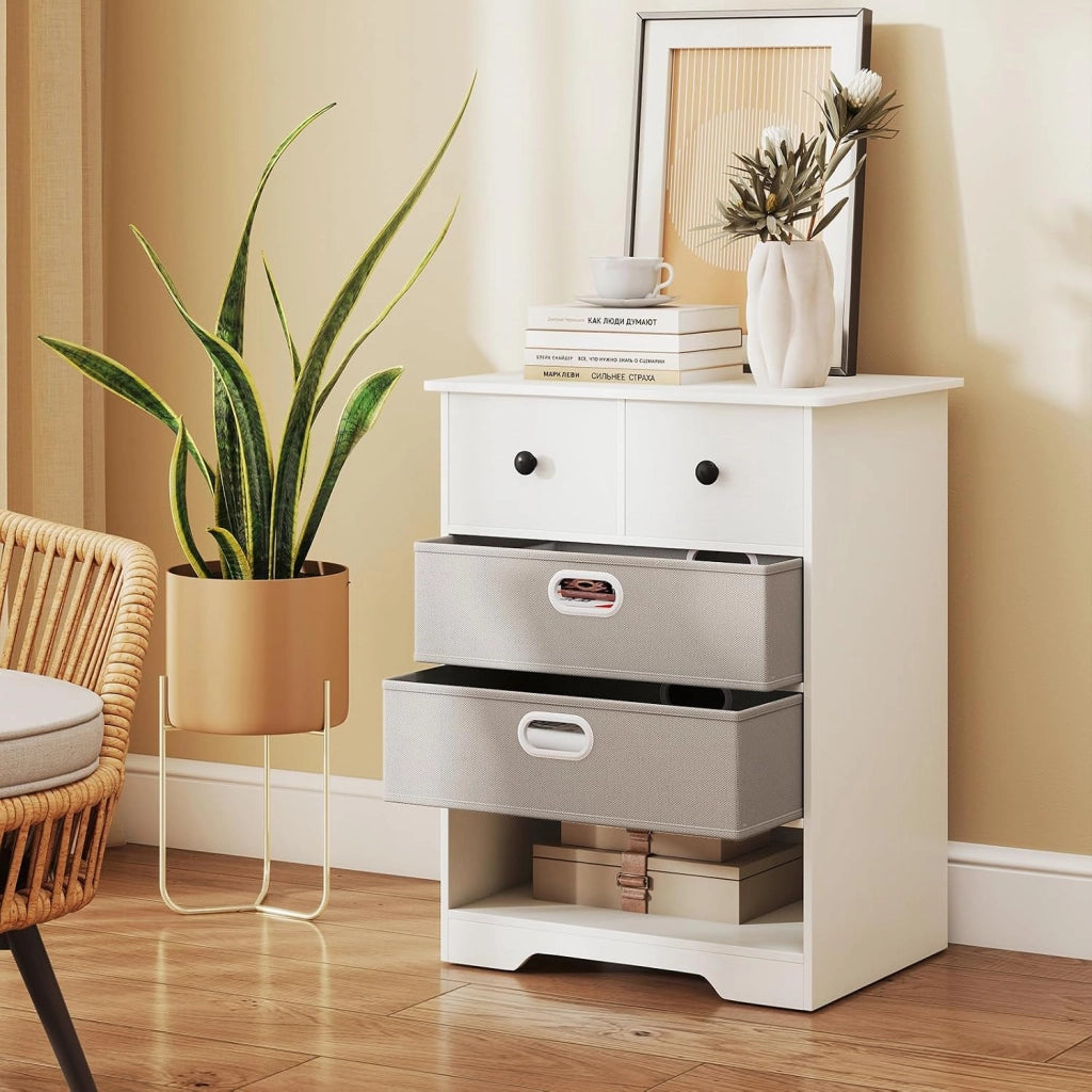 Cassettiera con 4 cassetti, armadio camera da letto, 3 armadietti semi-aperti e 2 cassetti rimovibili, mobile portaoggetti dispositivo anti-ribaltamento, per soggiorno, ufficio, 58 x 42 x 75
