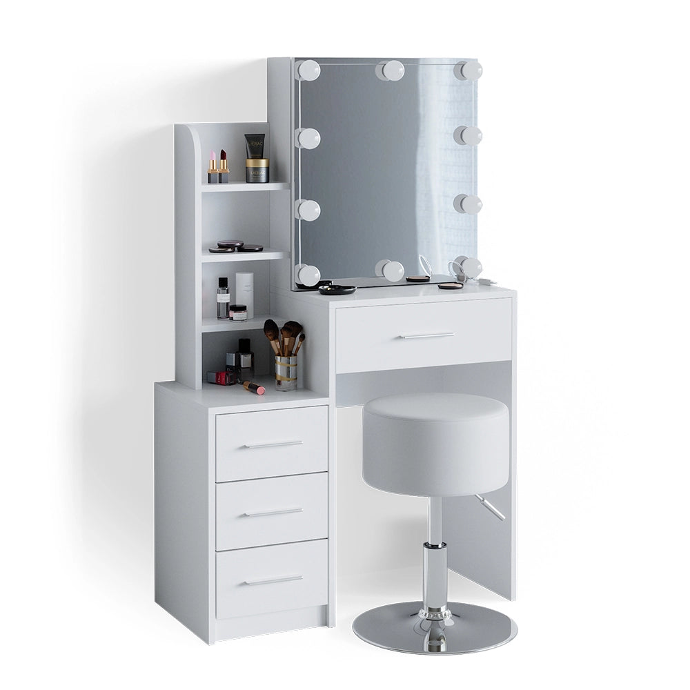 Tavolo da toeletta Conrada Bianco 80 cm con illuminazione LED e sgabello Vicco