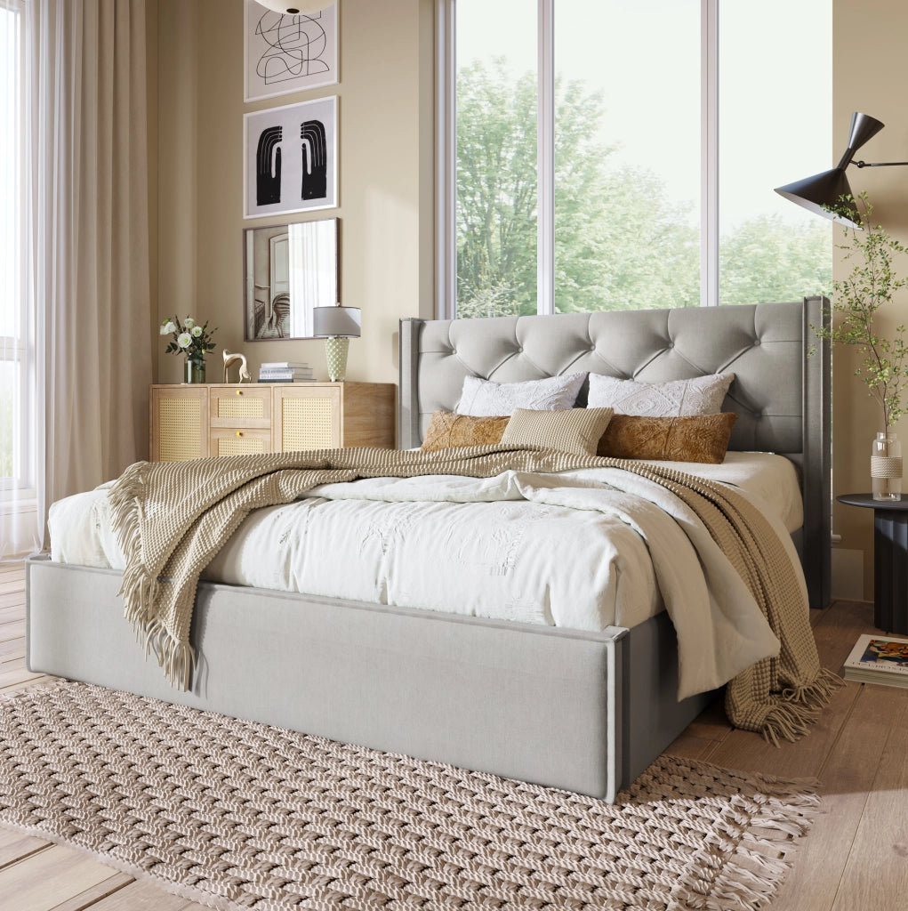 Letto matrimoniale imbottito con contenitore 140x200 cm in cotone grigio chiaro