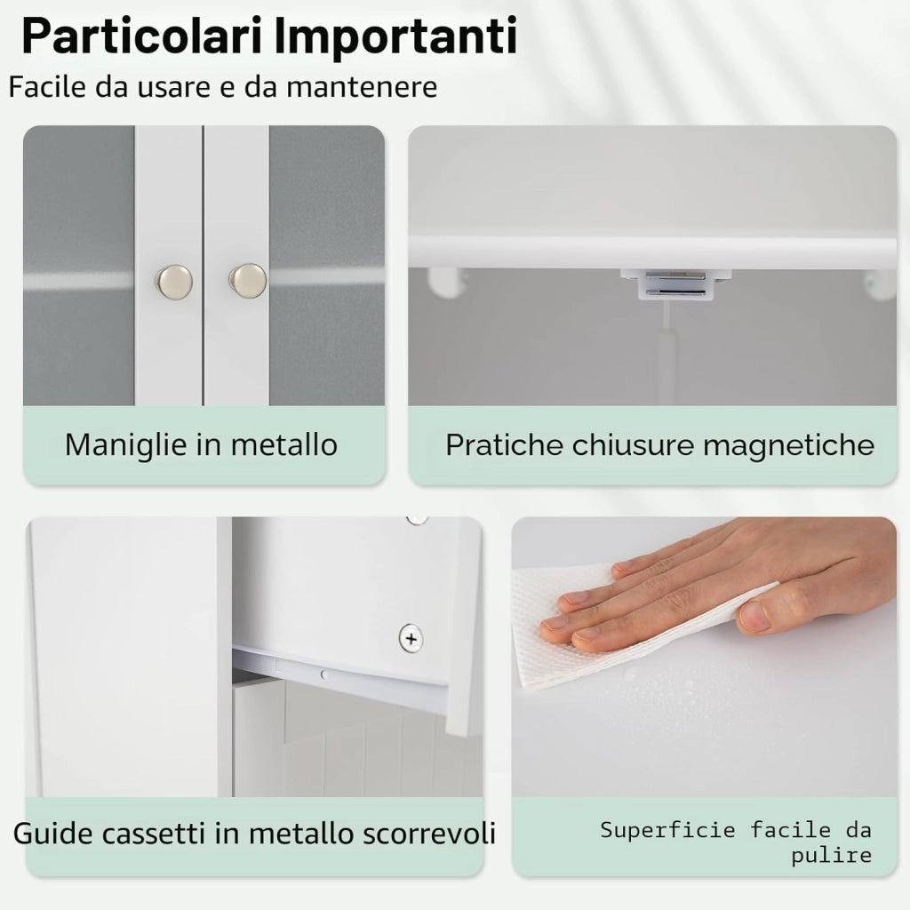 Mobile da Bagno con 2 Cassetti e Armadi a 2 Ante, Mobile Portaoggetti su Piedistallo Regolabile, Armadio Verticale con Dispositivo Antiribaltamento, 60 x 30 x 108 cm, Bianco