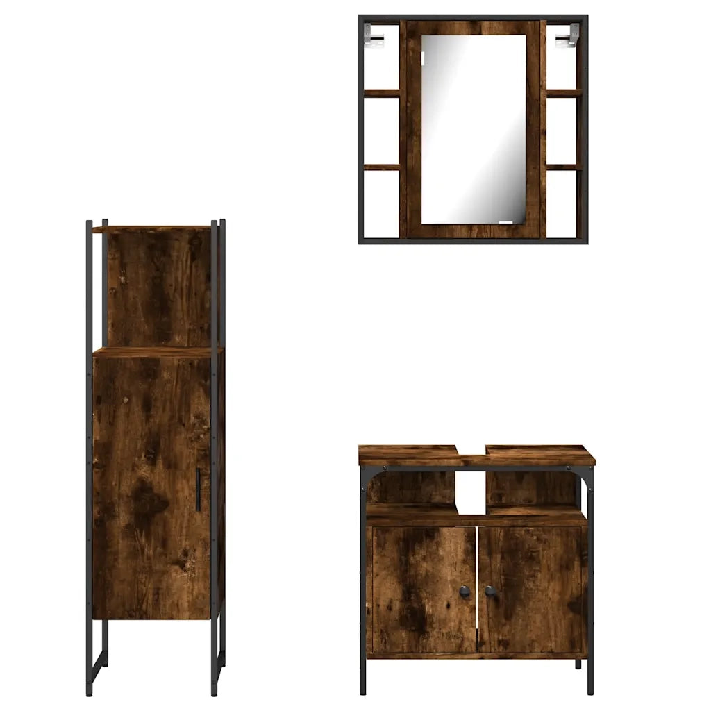 Set Mobili da Bagno 3 pz Rovere Fumo in Legno Multistrato