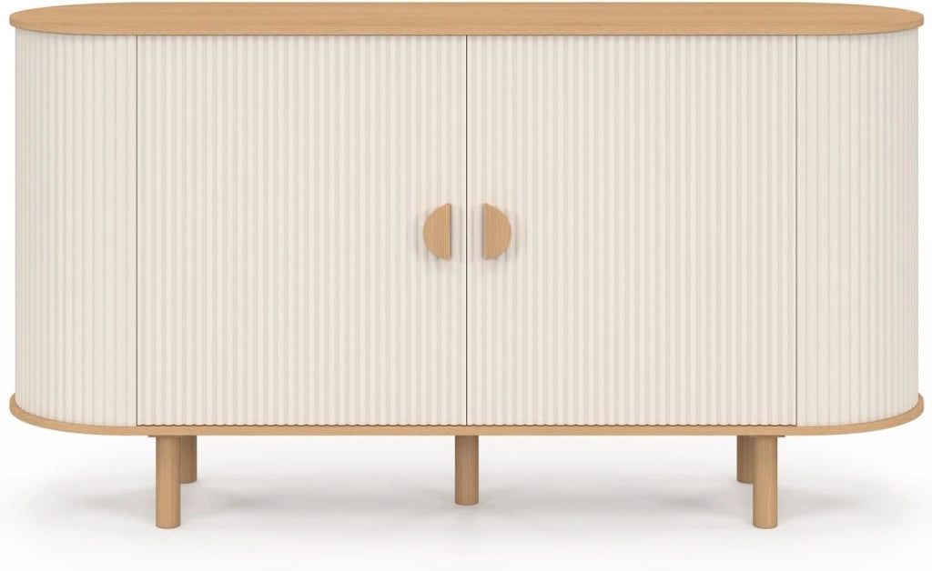 Credenza KANEL a 2 ante beige e legno effetto scanalato da 140 cm