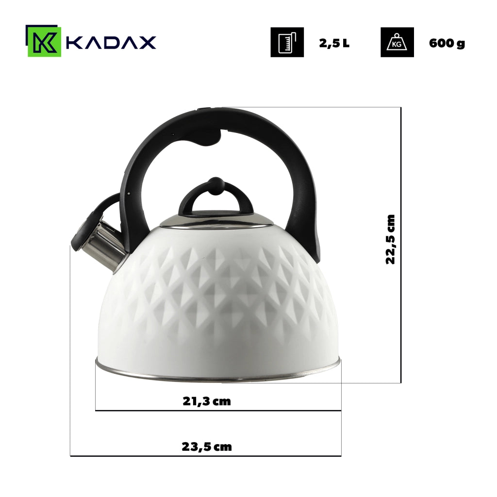 Bollitore a gas e induzione KADAX da 2,5 litri con fischietto, colore bianco, in acciaio, stile tradizionale.