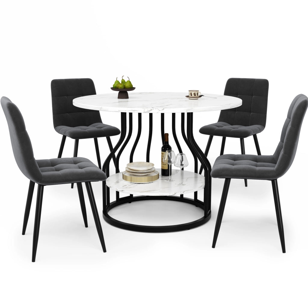 Set da pranzo 5 pezzi， tavolo 80 cm in MDF effetto marmo nero e grigio