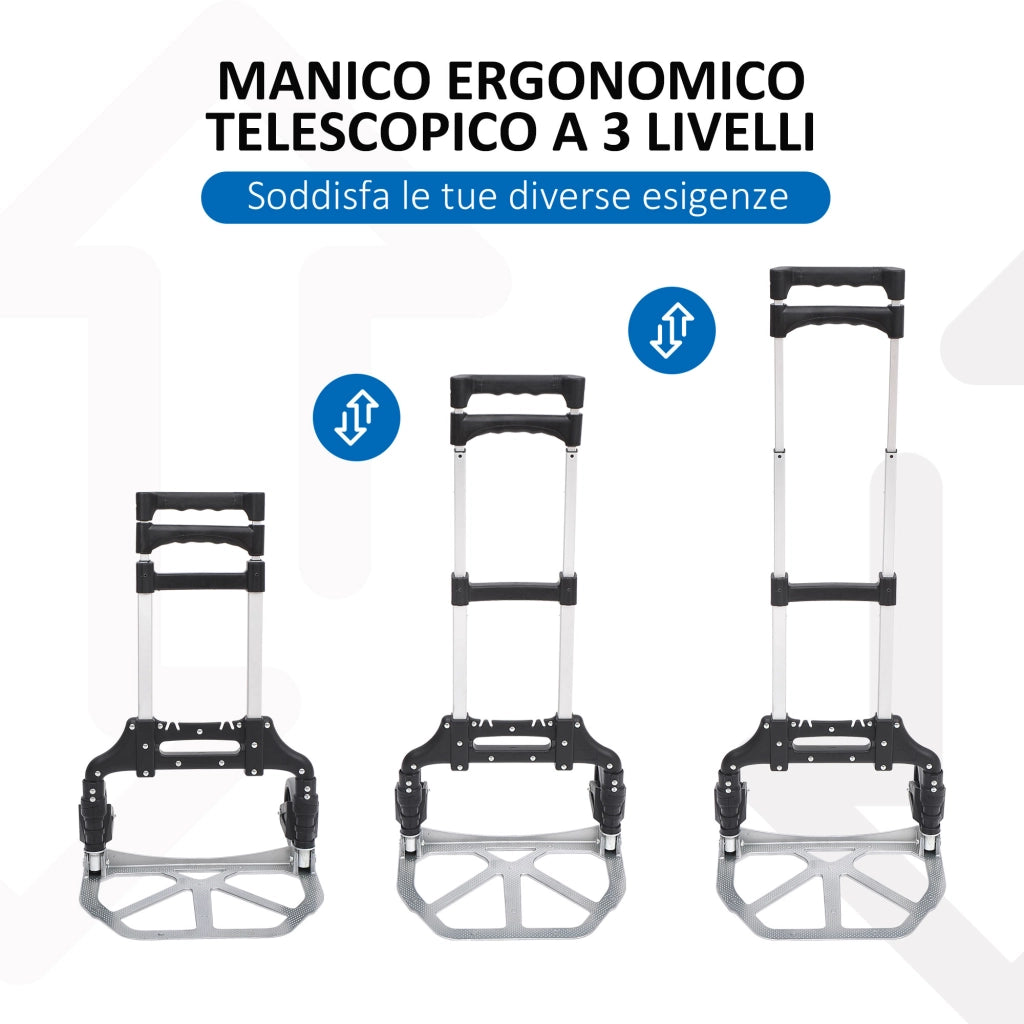 Carrello Pieghevole Portapacchi ¨C Xylo ¨C 70kg Maniglia Telescopica Regolabile 41x38.5x100cm Argento