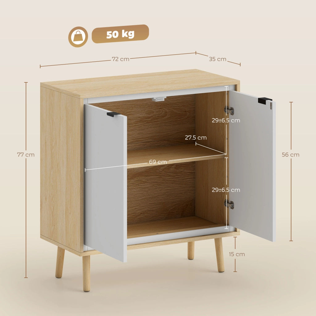 Credenza Moderna 72x35x77 cm a 2 Ante con Ripiano Regolabile Bianco Lucido e Rovere