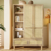 Armadio guardaroba con 2 ante e intreccio in rattan - Xylo - Stile cottage aspetto quercia, 2 cassetti, antiribaltamento, 180x120x50 cm