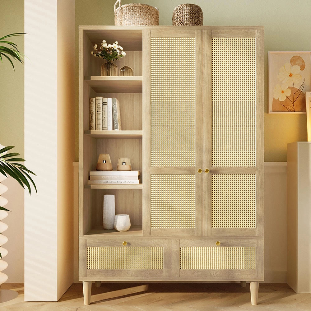 Armadio guardaroba con 2 ante e intreccio in rattan - Xylo - Stile cottage aspetto quercia, 2 cassetti, antiribaltamento, 180x120x50 cm