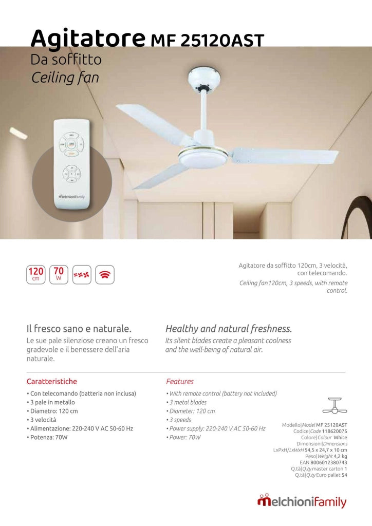 Melchioni MF 25120AST Agitatore da Soffitto 120 cm con Telecomando, 3 Velocità, 3 Pale in Metallo, Motore 70W Silenzioso, Bianco Ventilatore da Soffitto per Casa e Ufficio
