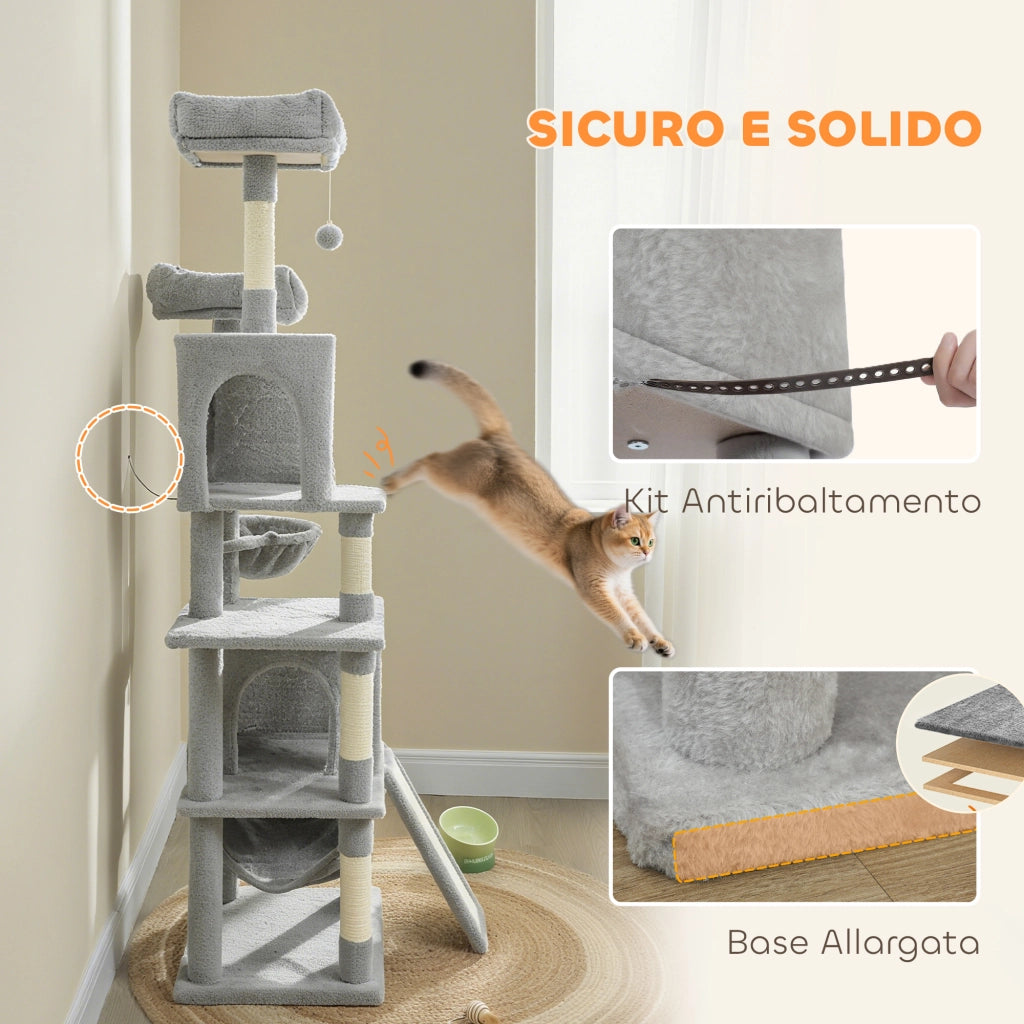 Albero Tiragraffi per Gatti 48x40x177 cm con 2 Casette 2 Lettini Trespolo e 2 Palline Grigio Chiaro e Beige