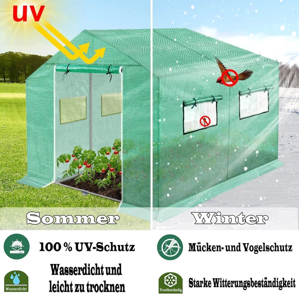Serra da giardino in pellicola, 4,5 x 2 x 2 m, con porta e lontano, per pomodori, per piante da giardino, verde