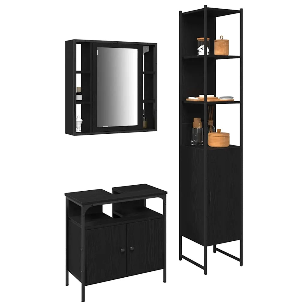 Set di mobili per il Bagno | Armadio da bagno 3 pz Rovere Nero Legno multistrato