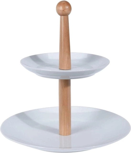 Etagère in ceramica e legno con 2 piani per frutta - piatto da servizio