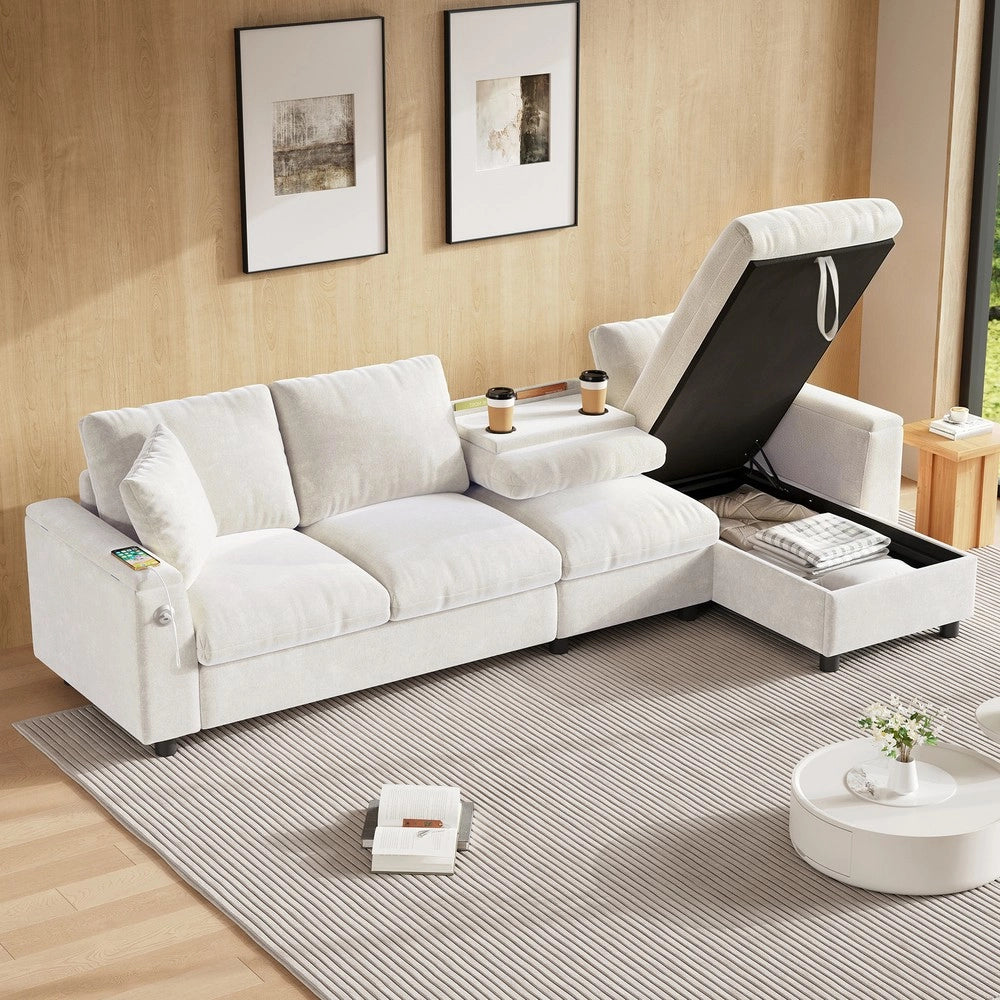 Divano angolare contenitore ¨C Minimal ¨C Beige tessuto braccioli con porta bevande USB Type-C