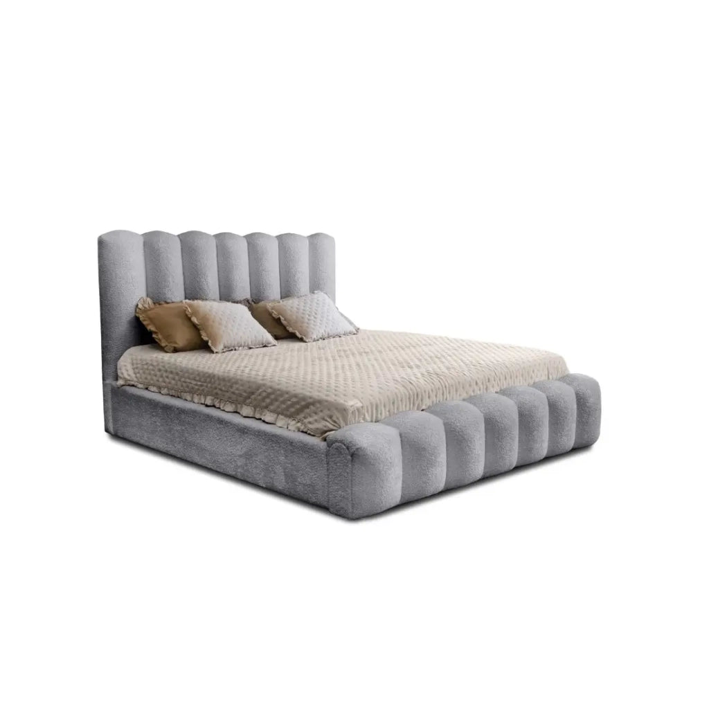 Letto contenitore BADJA – Tessuto bouclé Perla d'alba – 160x200 cm – Rete sollevabile – Design di alta gamma