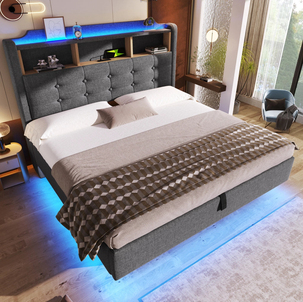 Letto imbottito 140x200 cm con LED, vano contenitore idraulico e prese USB