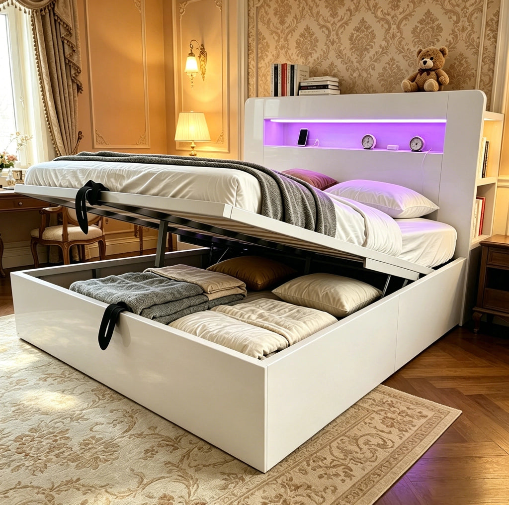 Letto contenitore matrimoniale 140x200 cm in legno bianco con sistema di sollevamento idraulico; LED e prese integrate