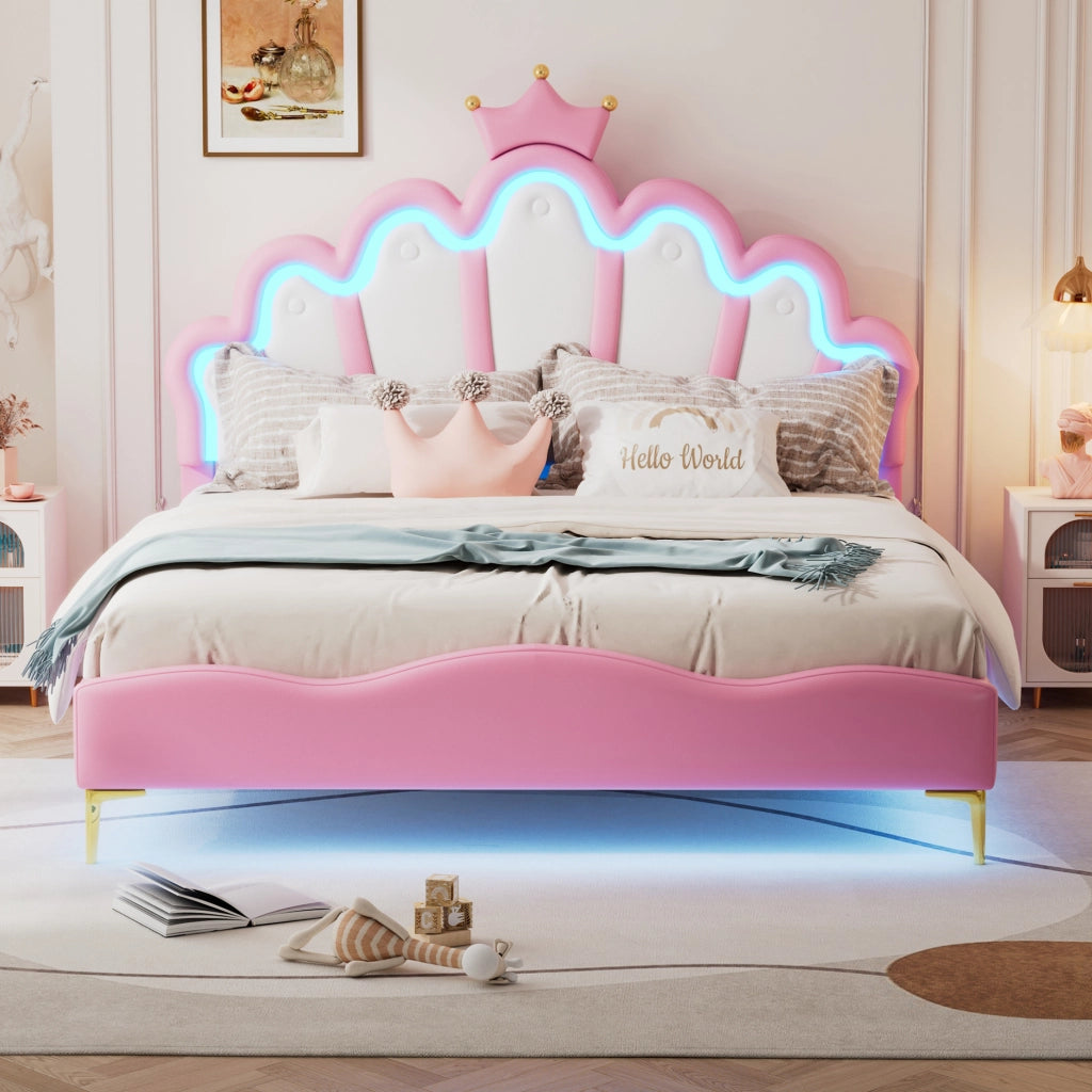 Letto matrimoniale 140x200 cm con luci LED; testiera a nuvola; similpelle PU; rosa