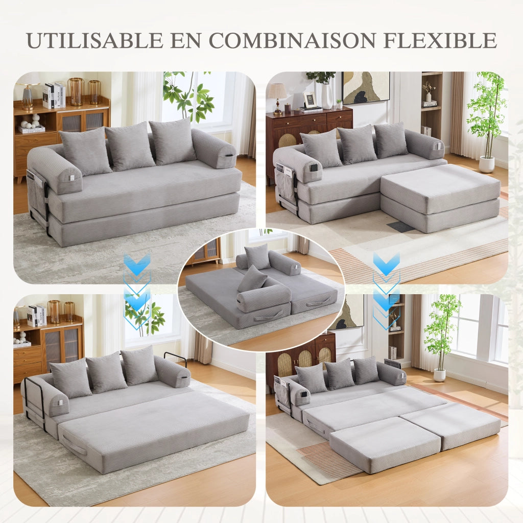 Divano modulare con tasca laterale e 3 cuscini, struttura in metallo per salotto in tessuto corduroy grigio chiaro