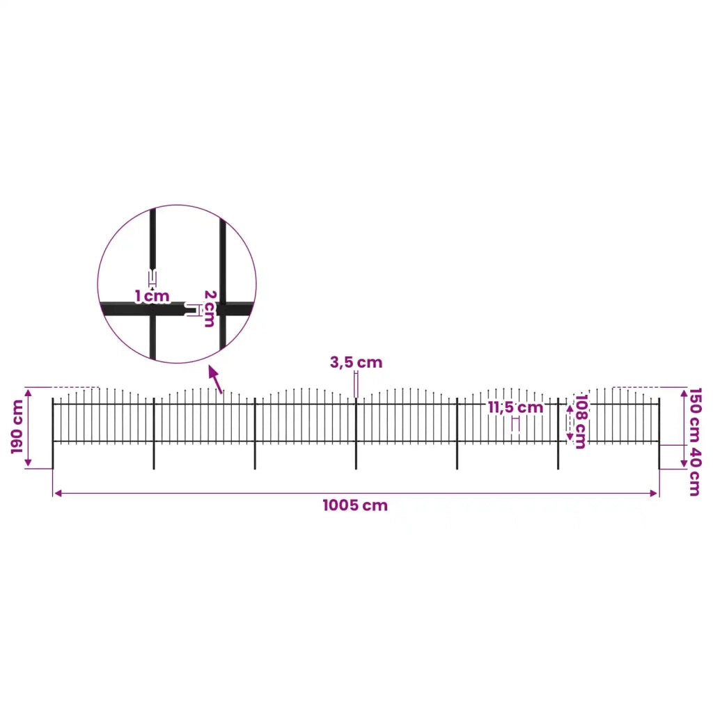 Recinzione da Giardino con Punta a Lancia in Acciaio 1005x150 cm Nero 277735