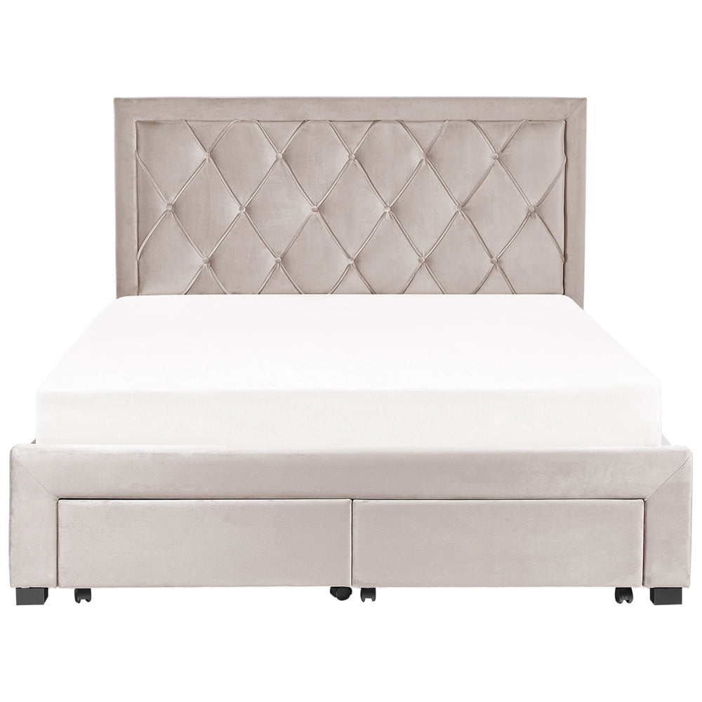 Letto contenitore tappezzeria in velluto beige 160 x 200 cm trapuntato testiera alta cassetti Glam Design