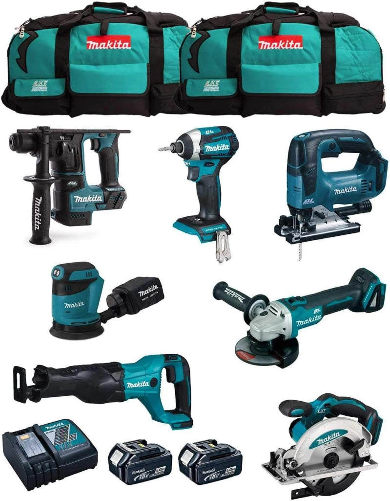 MAKITA Kit MK704 (DHR171 + DGA504 + DTD154 + DJR186 + DJV182 + DSS610 + DBO180 + 2 Batterie 5,0 Ah + Caricabatterie + 2 x LXT600)