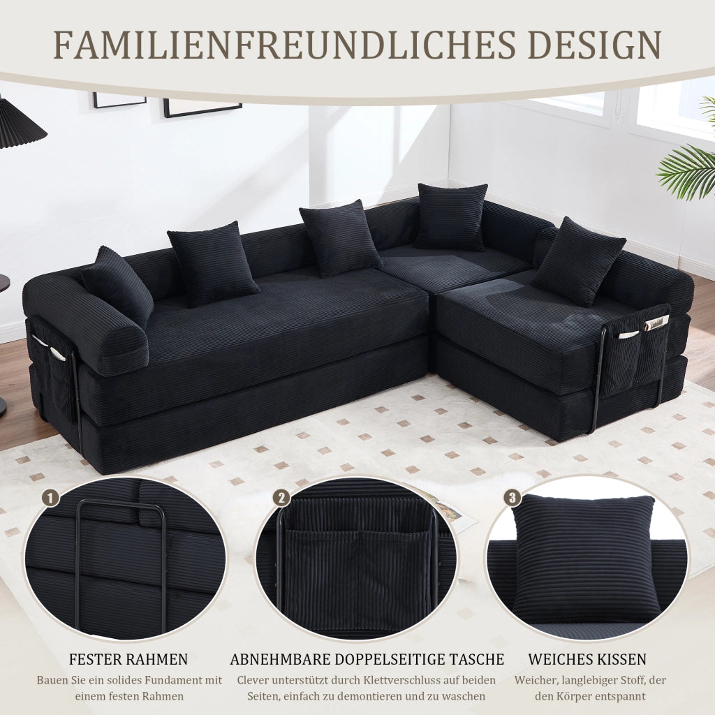 SOFA Modulare 270x180x64 cm in velluto a coste Nero con tasca laterale