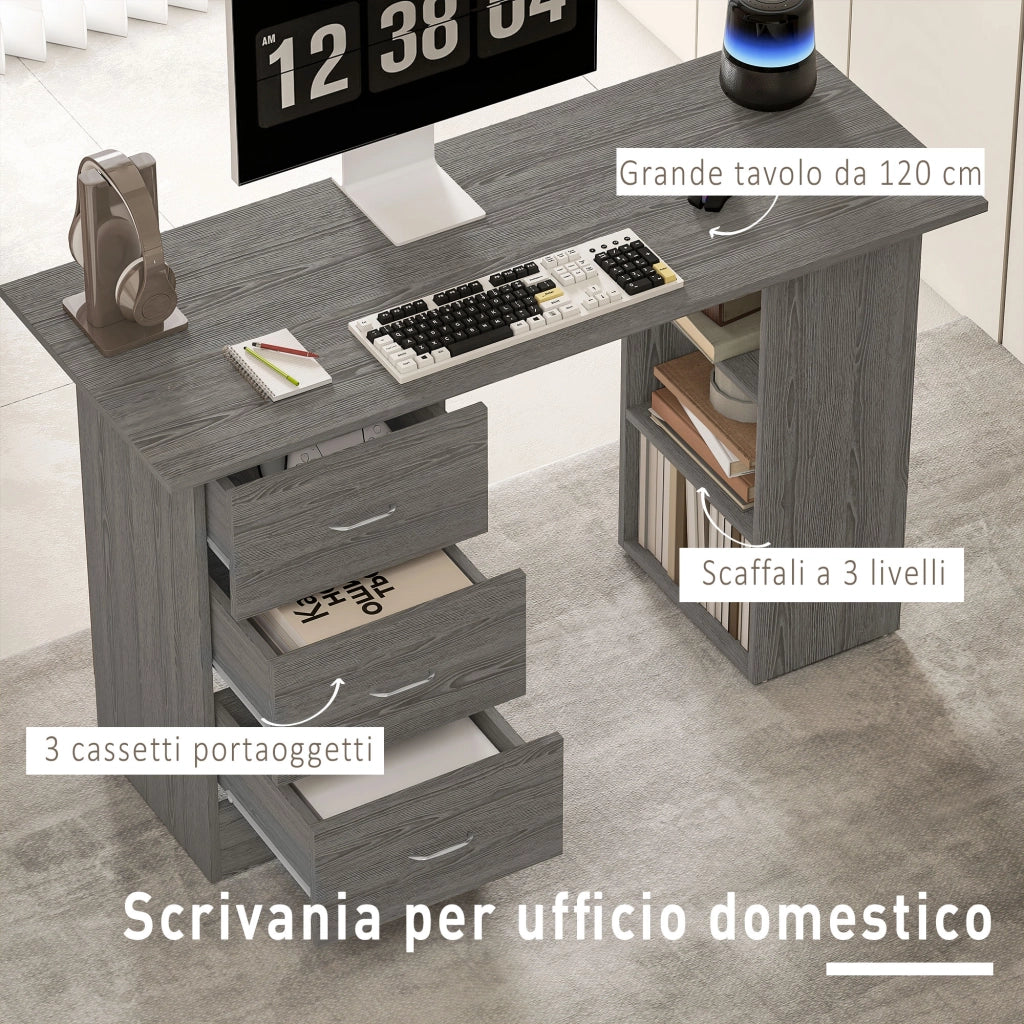 Scrivania con 3 Cassetti e Ripiani ¨C Zephmum ¨C Legno Grigio 120x49x72 cm