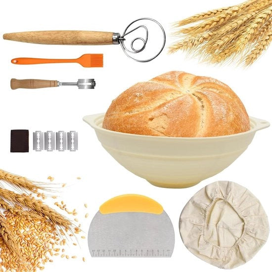 Banneton pieghevole a forma di cerchio con silicone - 23 cm - con tessuto di lino + schiuma per pasta - coltello per pane - frusta per impasto - pennello