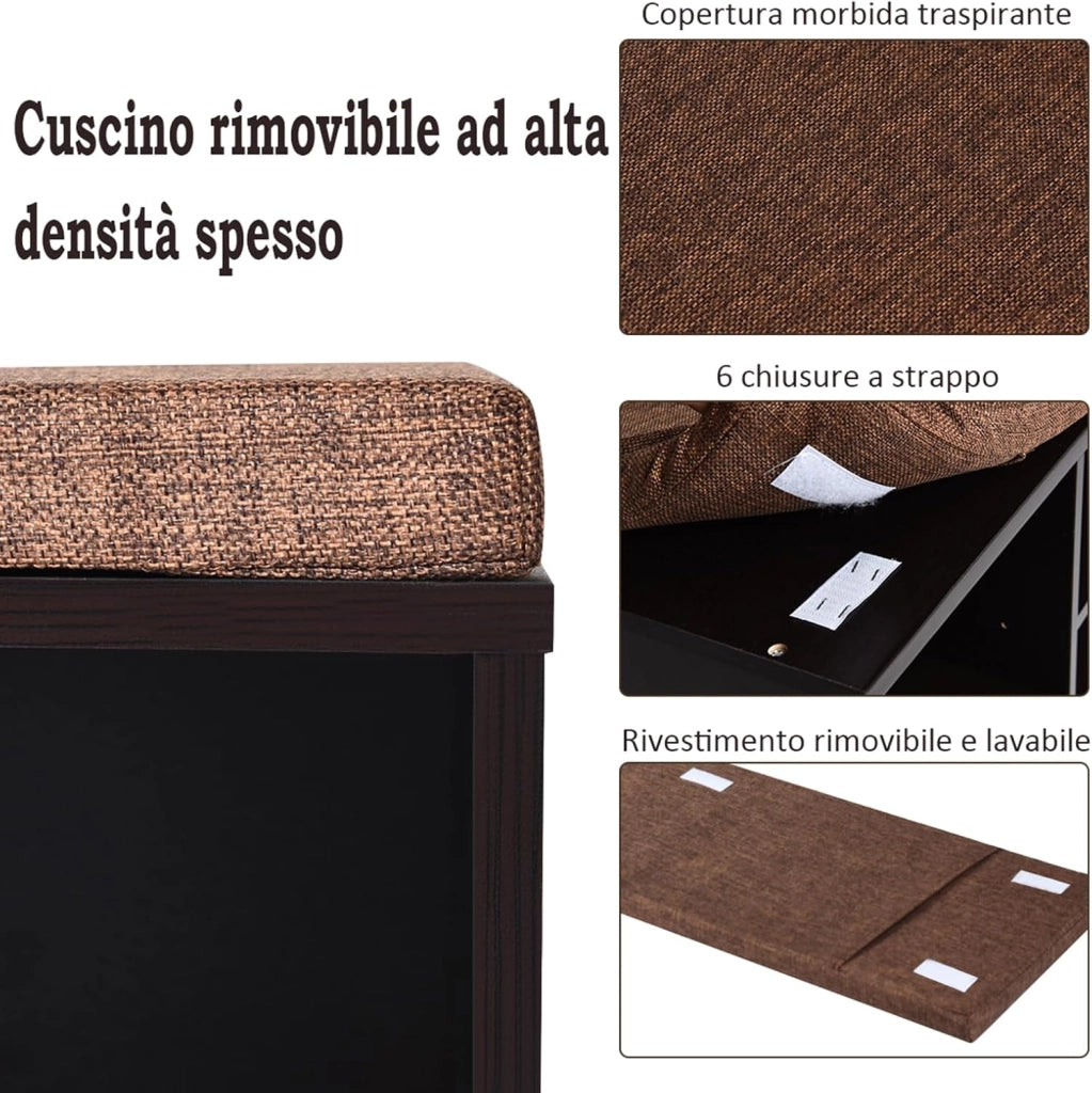 Scarpiera Salvaspazio da Ingresso con 10 Scomparti, Panca Contenitore con Cuscino, Cassapanca Portascarpe 104 x 30 x 48cm (Marrone)