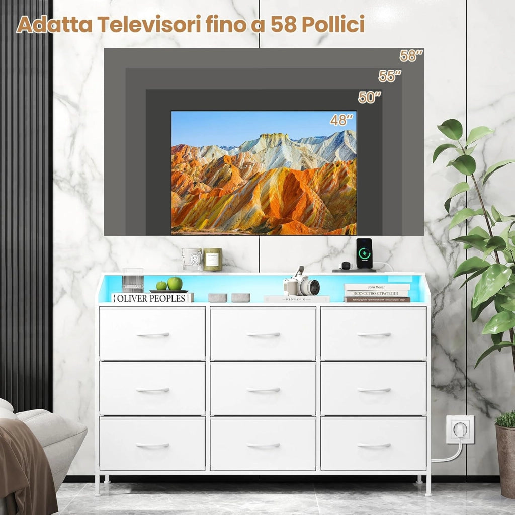 Cassettiera Camera da Letto, Comò con 9 Cassetti in Tessuto, Stazione di Ricarica e Luci LED, Struttura in Metallo, Armadietto per Ingresso e Soggiorno, 127 x 29 x 84 cm, Bianco