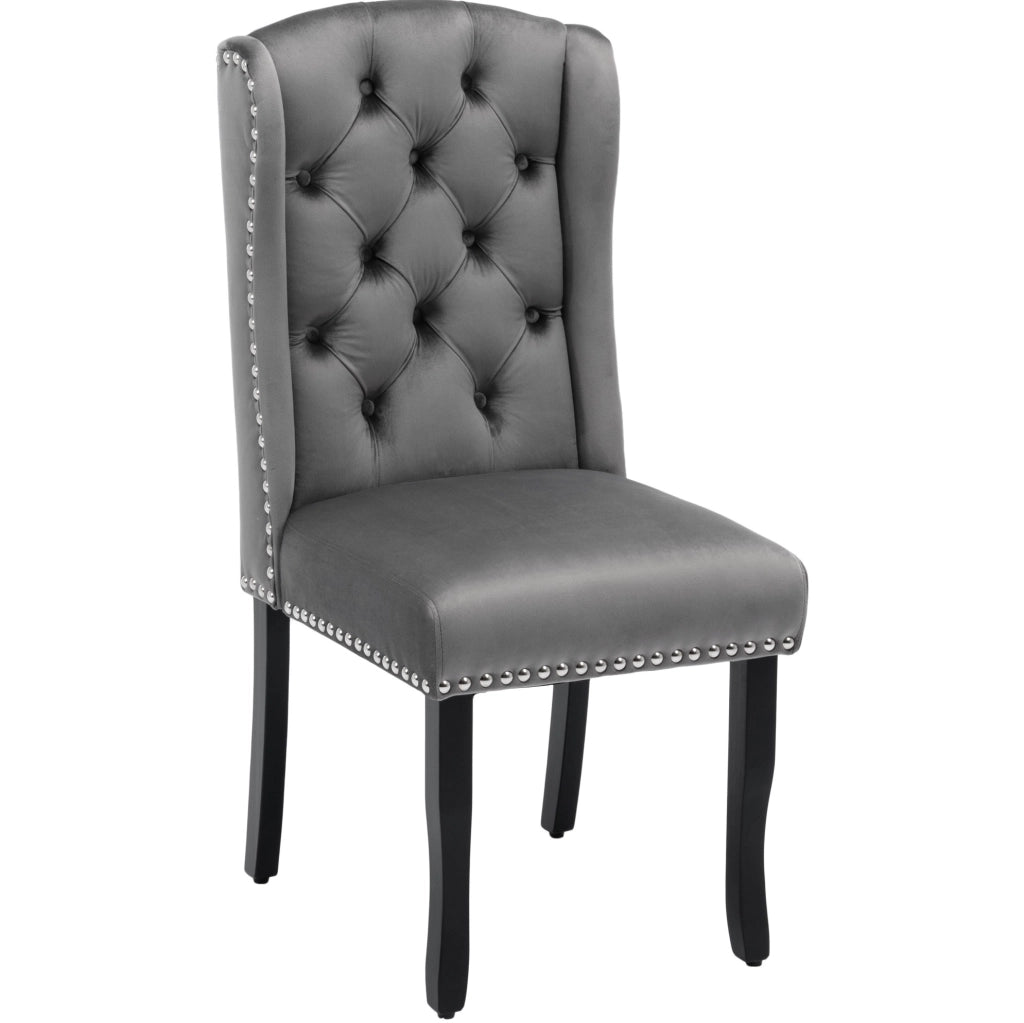 Sedie da pranzo moderne in velluto grigio; set 2 pezzi; gambe in rovere; schienale curvo
