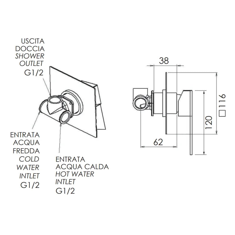 Rubinetto da incasso per vasca/doccia quadro - serie qubika