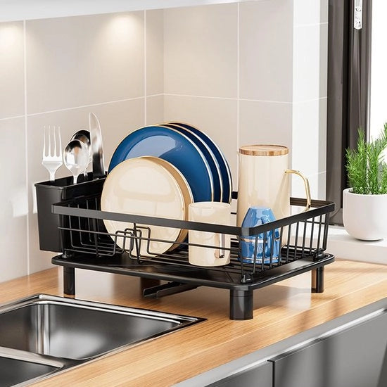Afdruiprek ruimtebesparend per cucina con asciugamani e contenitore per posate 

Specifiche tecniche: 
- Modello: 
- Materiale: RVS 
- Dimensioni: 
- Capacità: