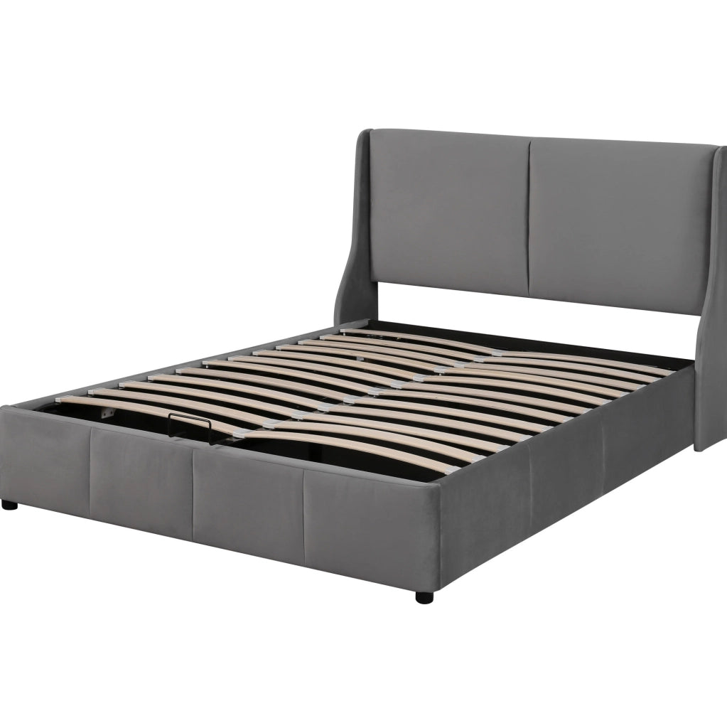 Letto imbottito grigio con contenitore idraulico 140x200 cm, testiera con cuscino