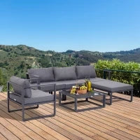 Set da Giardino 6 Pezzi con Divano da Giardino, in Alluminio e Poliestere, Piano del Tavolo in Vetro Temperato, con Cuscini, per 4-5 persone, Grigio