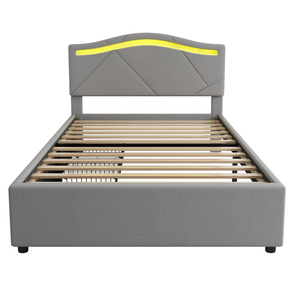 Letto imbottito 90x200 cm con LED; cassetti e testiera regolabile in lino grigio