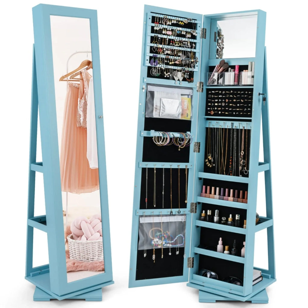 Mobile portagioie girevole 39 x 39 x 161 cm con grande specchio e discreto spazio di archiviazione in MDF blu 20_0015741