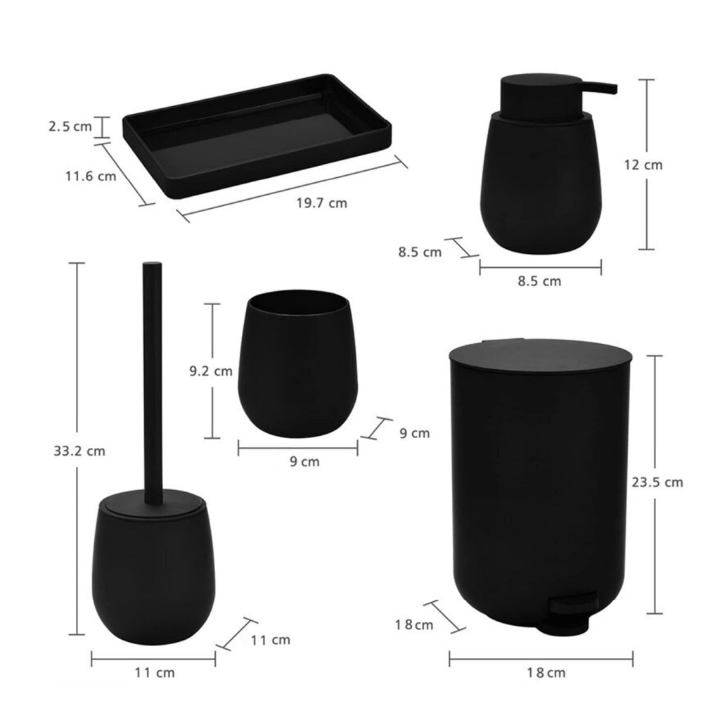 Set Accessori Bagno 6 Pezzi in ABS Completo Pattumiera con Pedale, Scopino WC, Dispenser Sapone, Porta Spazzolini, Bicchiere e Vassoio Antiscivolo Design Moderno e Resistente Nero