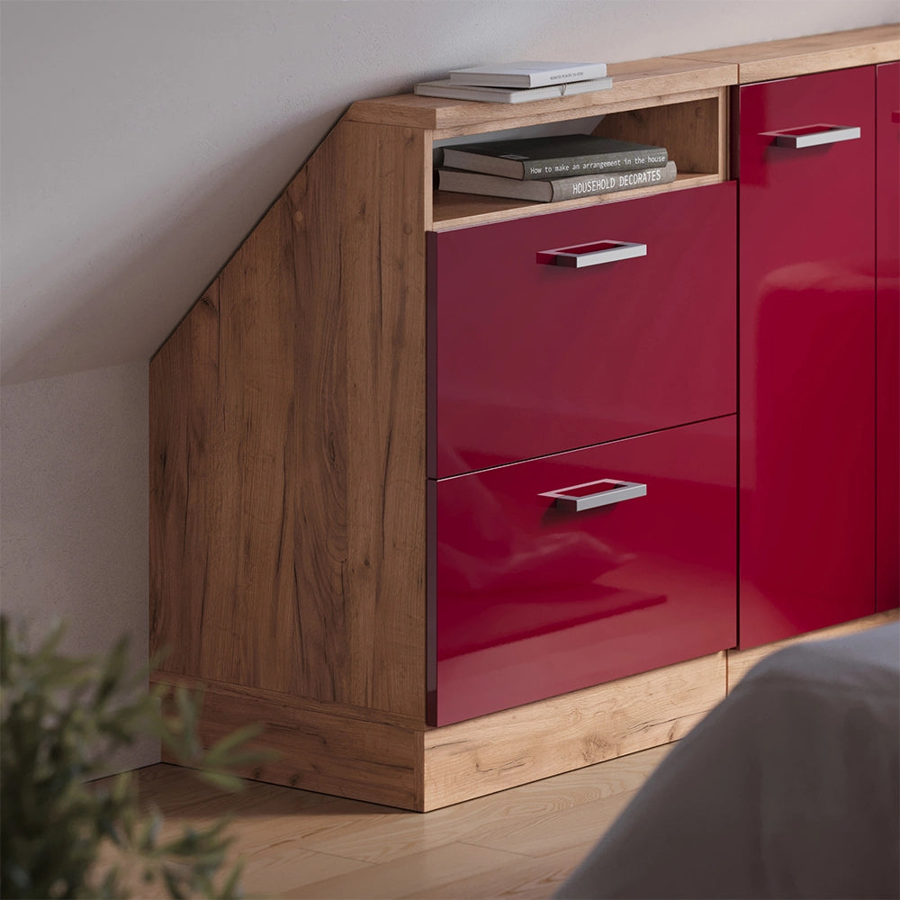 Mobile sottotetto Rion Rosso lucido/Rovere dorato con 2 cassetti Vicco
