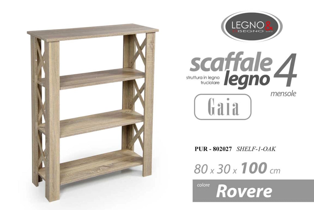 GAIA SCAFFALE IN LEGNO A 4 RIPIANI 80 X 30 X 100 CM COLORE ROVERE