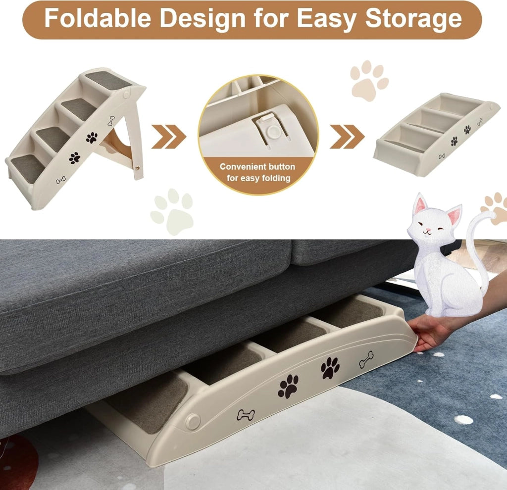 Scala per cani e gatti pieghevole, con tappetino in feltro, carico fino a 60 kg, rampa antiscivolo per cani e gatti per letto, auto, divano (beige, 65 x 55 x 50 cm, 4)