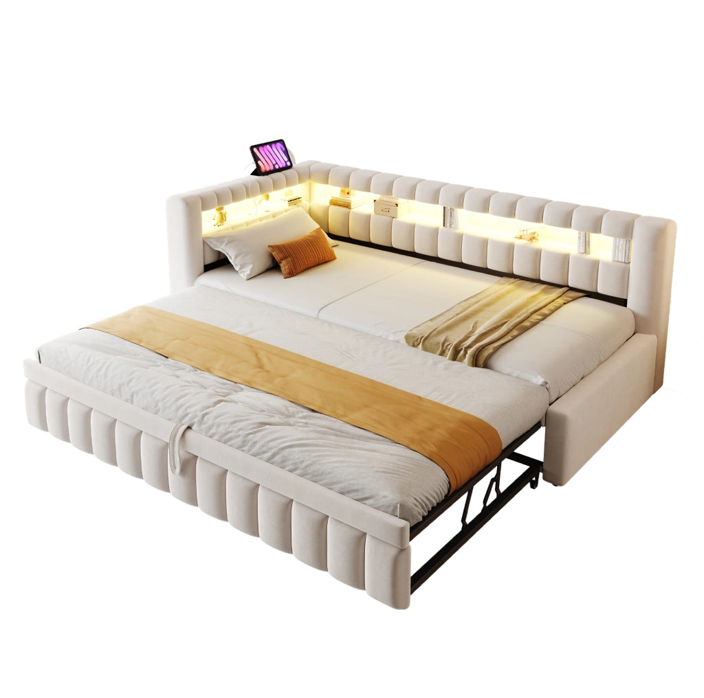 Divano letto estraibile imbottito 90x200 cm con LED; USB e Type-C; velluto beige