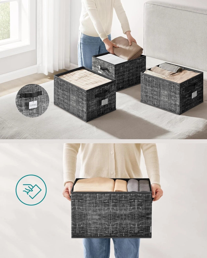 SONGMICS Scatole portaoggetti ROB440B01: Organizzatori di spogliatoio pieghevoli in tessuto non tessuto e PP, 3 unità da 40 x 30 x 24 cm, 29 litri, Nero Inchiostro