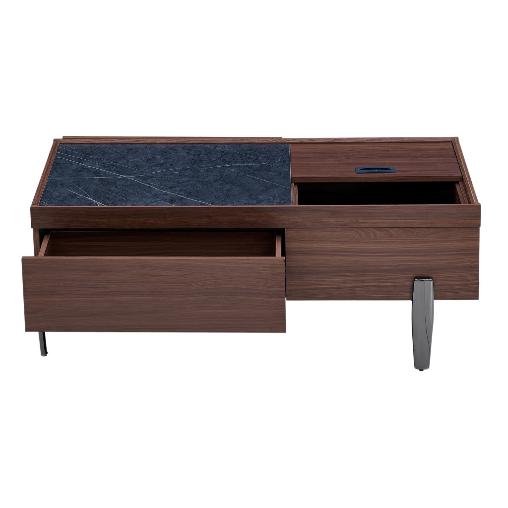 Tavolino da salotto moderno - Zephmum - Con cassetti e piano in vetro, design in legno scuro, gambe in metallo