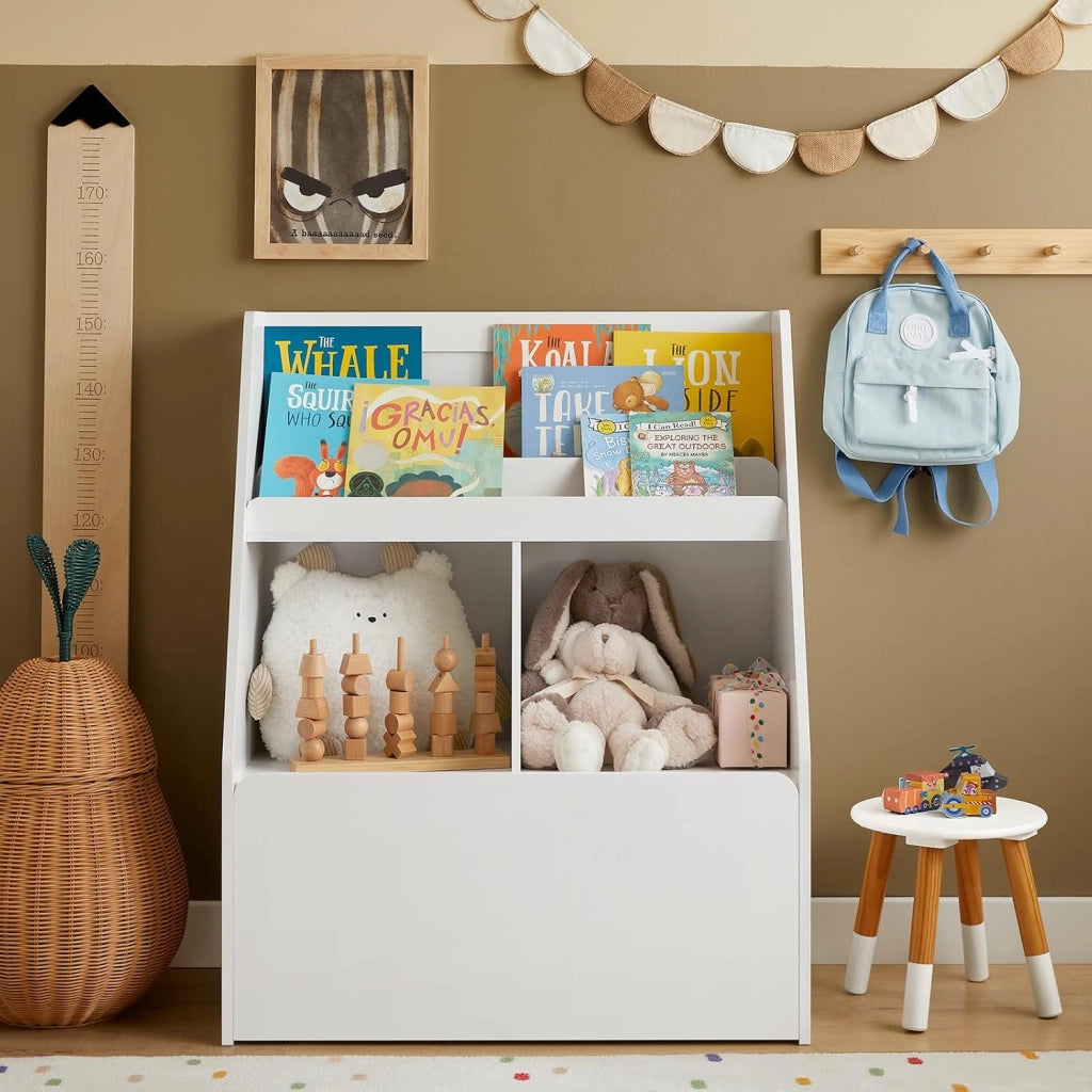 Libreria per bambini Scaffale per bambini con cassapanca portagiochi estraibile Mobili cameretta Bianco 76x40x100cm KMB83-W